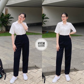 Combo Quần Tây Cúc Giữa Và Áo Sơ Mi Trắng Tay Ngắn Không Túi Basic Đi Học Đi Làm Công Sở