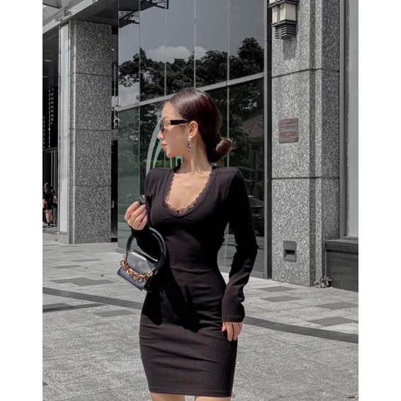 Đầm ôm body cổ V hở lưng sexy viền ren chất thun Gân Len dày dặn co giãn 4 chiều có ảnh thật chính chủ