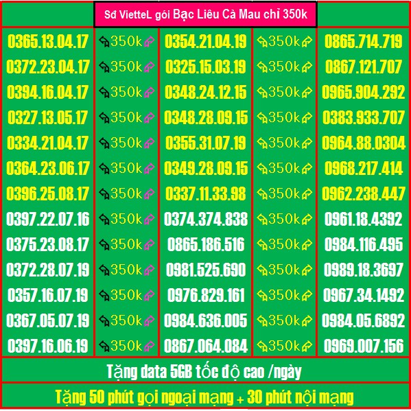 Sim Đẹp Viettel GIÁ 350k GÓI BẠC LIÊU CÀ MAU Miễn phí GỌI + Data tốc độ cao ( xem chi tiết Sp)