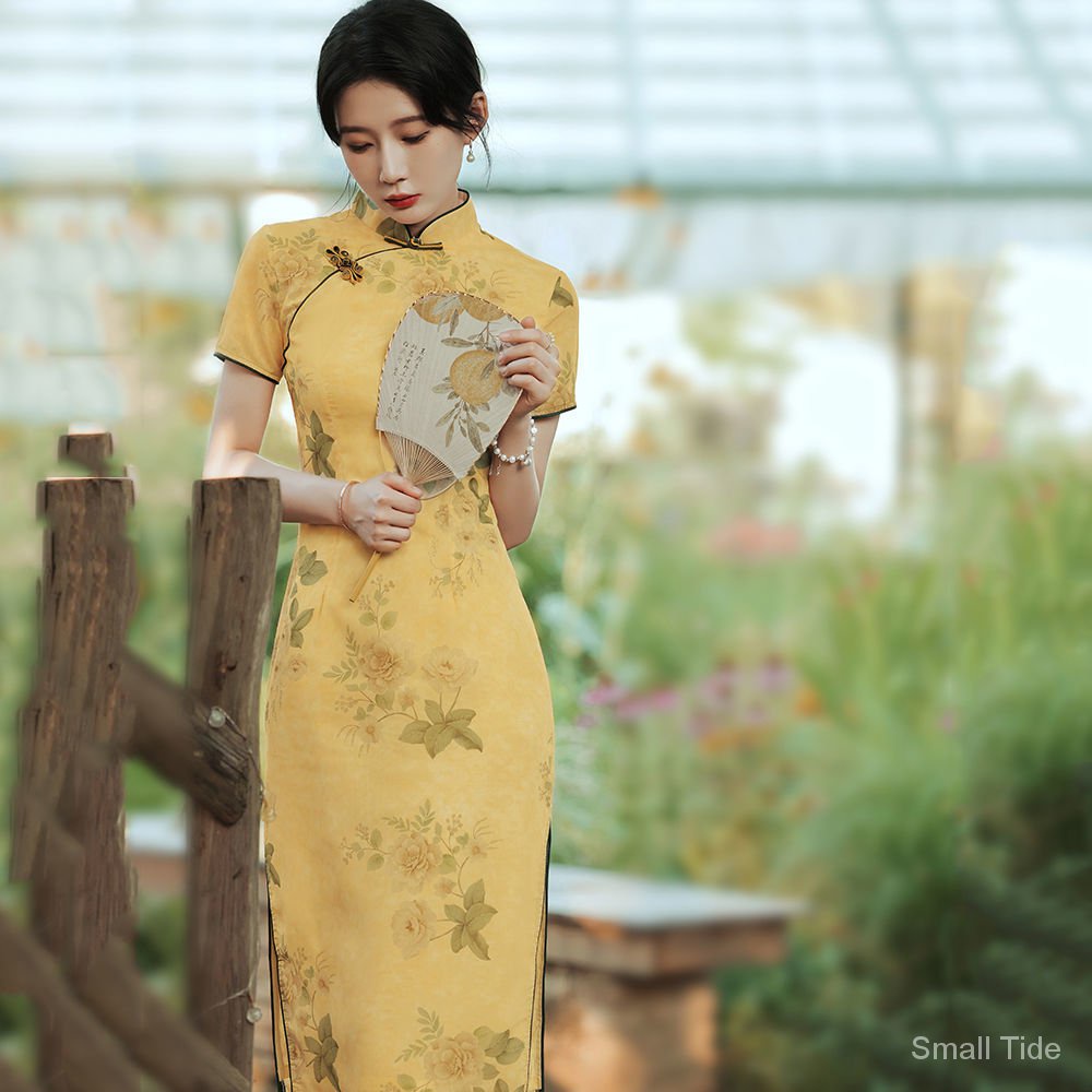 Sườn xám cách tân màu vàng phong cách retro thời trang mùa hè thanh lịch cho nữ 2021