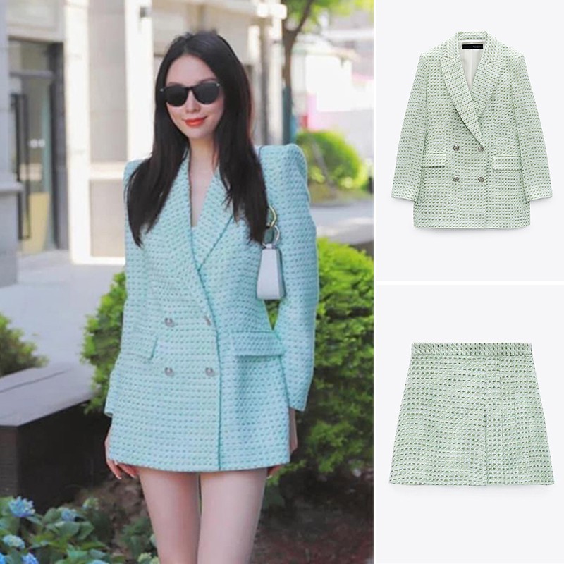 BỘ ÁO BLAZER VÀ CHÂN VÁY VẢI DỆT KẺ CARO MÀU XANH - 2818/634 3205/634