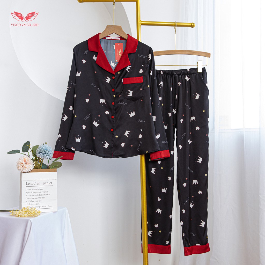 VINGO Bộ Pijama Mặc Nhà Nữ Lụa Pháp Cao Cấp Tay Dài Quần Dài Họa Tiết Vương Miện Sang Chảnh H294 Vngo