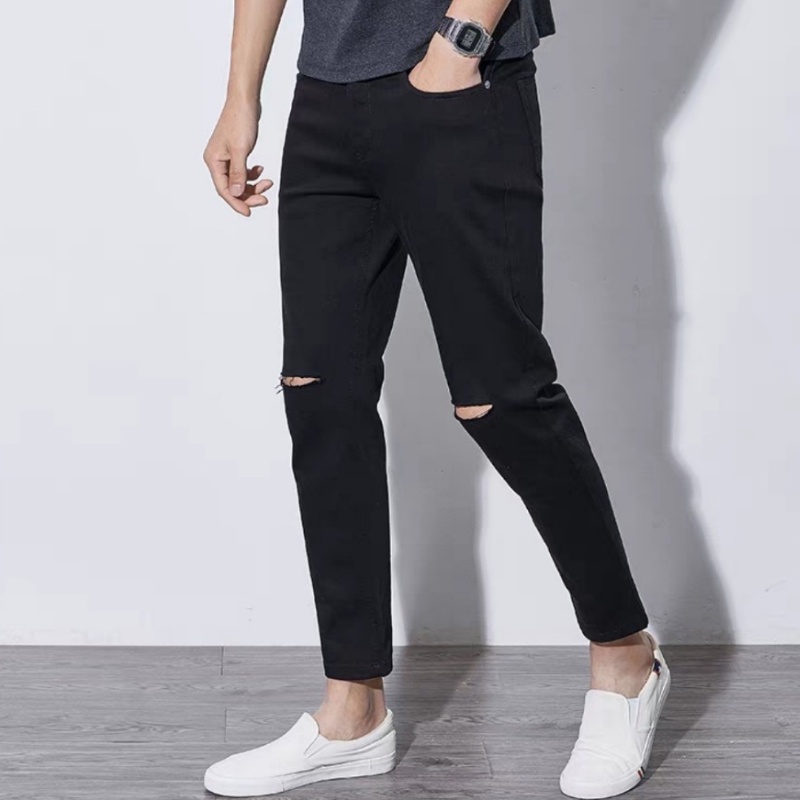 Quần Jeans Skinny, quần jean nam đen trơn, rách gối ống đứng tôn dáng - vải jeans bò co giãn 4 chiều cao cấp!