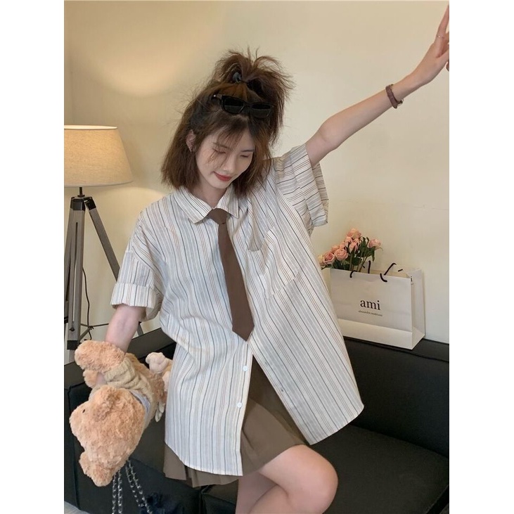 Bộ Áo Sơ Mi POLO Ngắn Tay Kẻ Sọc + Chân Váy Xếp Ly Đáng Yêu Cho Nữ