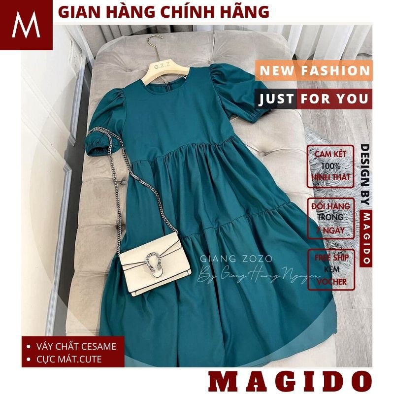 đầm nữ 💚váy nữ dự tiệc ,đầm BABYDOLL nhún eo 3 tầng ,mầu xanh cực xinh, phong cách ulzzang hot 2021, MAGIDO-(ẢNH THẬT)