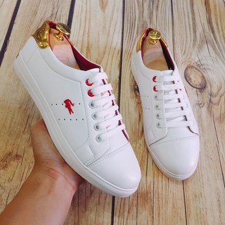 Giầy thể thao nam trắng full logo cá sấu đỏ gót vàng ( Chất Store )