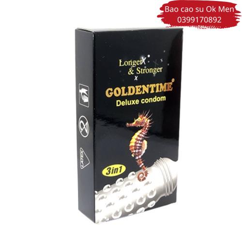 Bao Cao Su  Gai Cá Ngựa Goldentime Longer Stronger 3 in 1, BCS Kéo Dài Thời Gian Hộp 12BCS