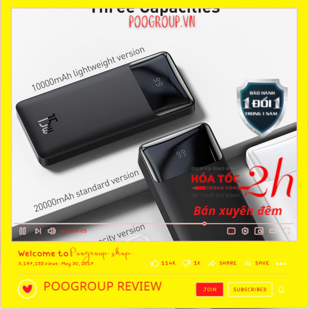 (CHÍNH HÃNG TypeC in/out ) Pin Sạc Dự Phòng BASEUS Bipow 10.000mAh - 20.000mAh Bảo Hành 12 Tháng