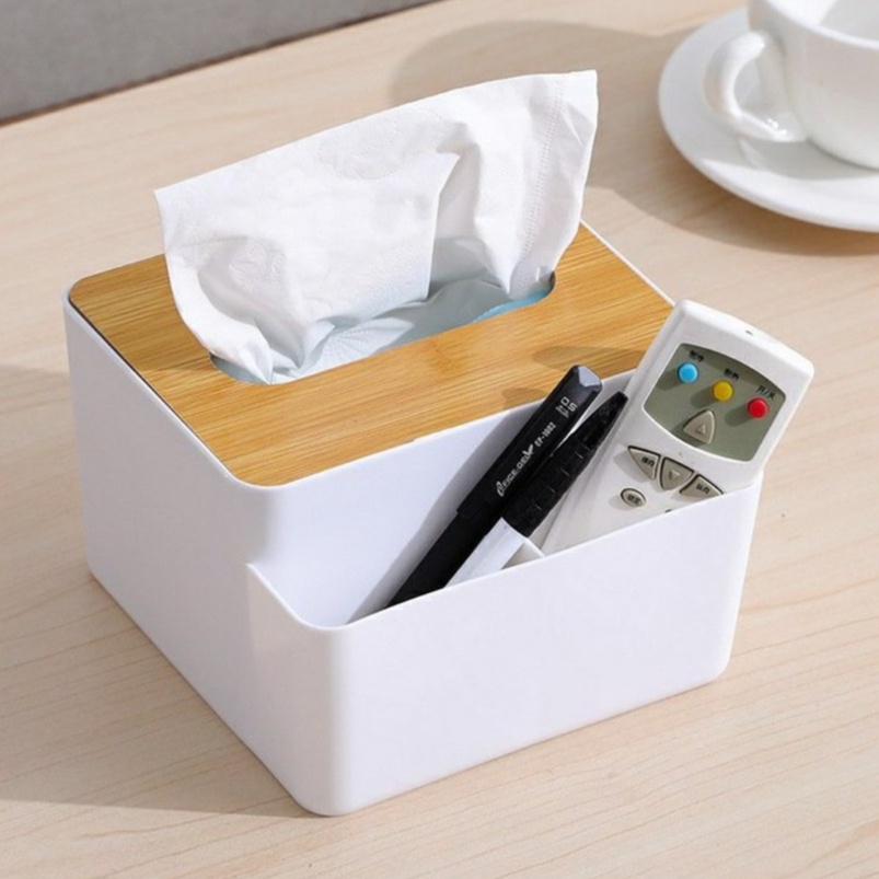 Hộp Đựng Khăn Giấy Vuông 3 Ngăn Nắp Gỗ Đựng Đồ Đa Năng, Hộp Giấy Ăn Decor Để Bàn Sang Trọng