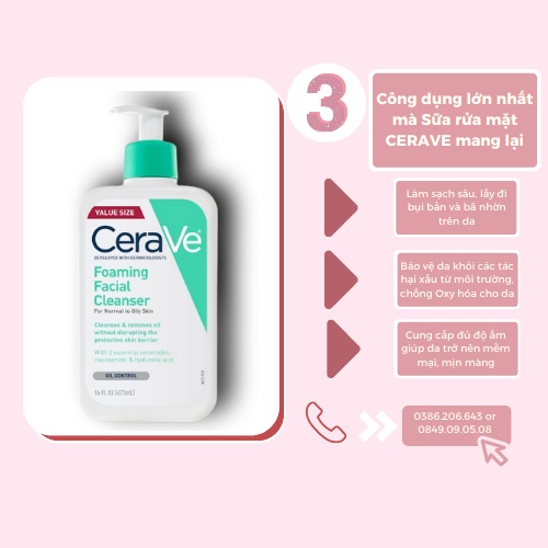 Sữa Rửa Mặt Dịu Nhẹ Dành Cho Da Dầu, Da Nhạy Cảm Cerave 236ml, 473ml SMR492