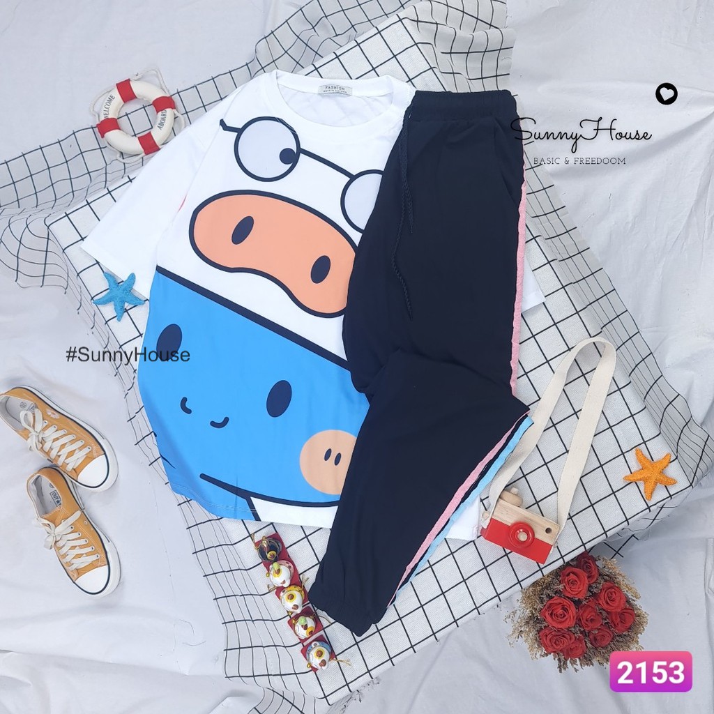 Set đồ bộ hoạt hình Unisex form rộng quần dài Jogger cartoon Mã SP002153