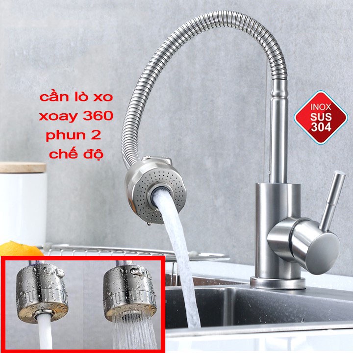 Vòi rửa bát nóng lạnh inox 304 trắng mờ cao cấp loại cần mềm xoay 360 độ, 2 chế độ xả nước siêu bền chống gỉ - Đủ Dây