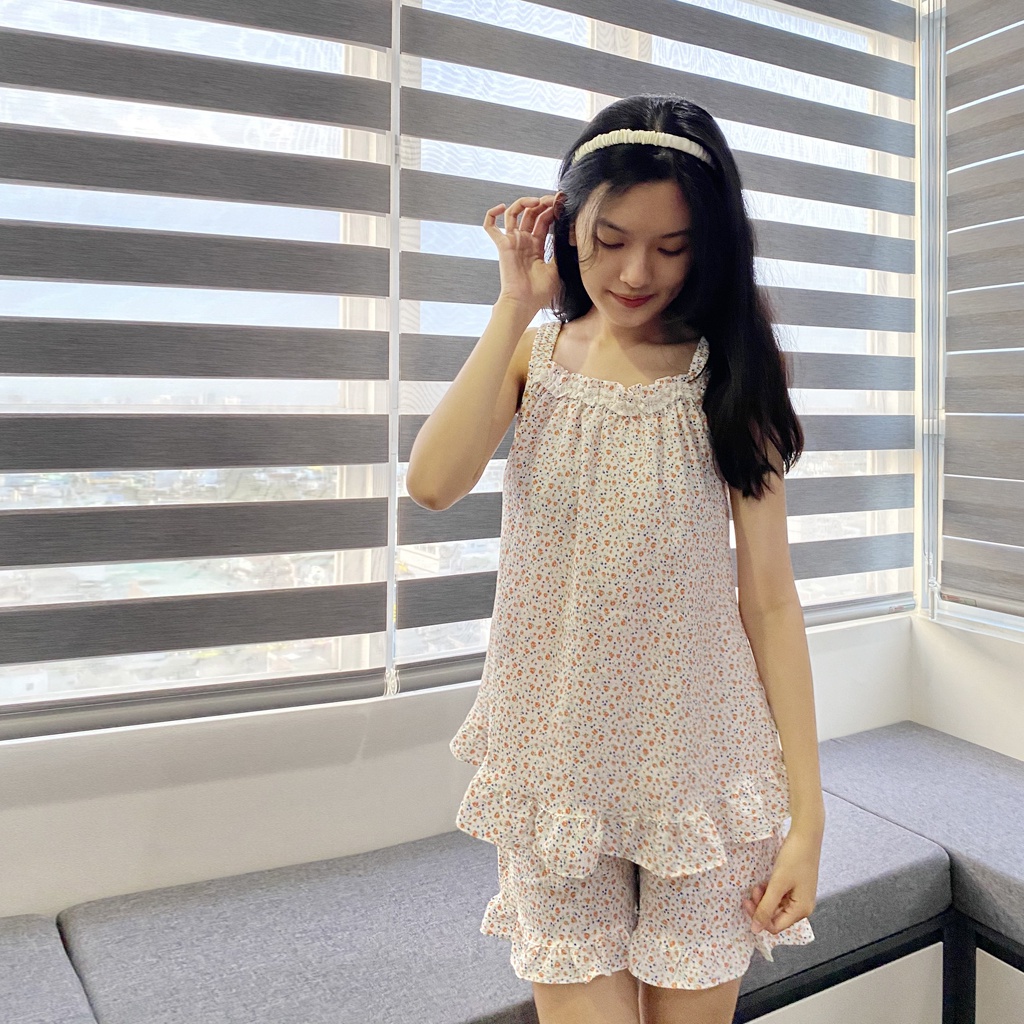 Đồ ngủ nữ mặc nhà 2 dây chất vải xốp gạo hoa nhí dễ thương bộ đùi size M-L-XL mẫu thiết kế của shop