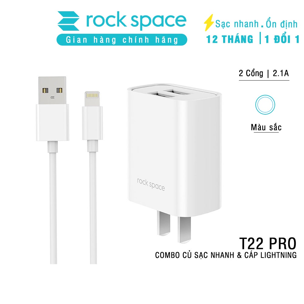 Bộ củ cáp sạc nhanh iphone Rockspace T22 pro 2 cổng sạc nhanh không nóng máy, chính hãng bảo hành 12 tháng