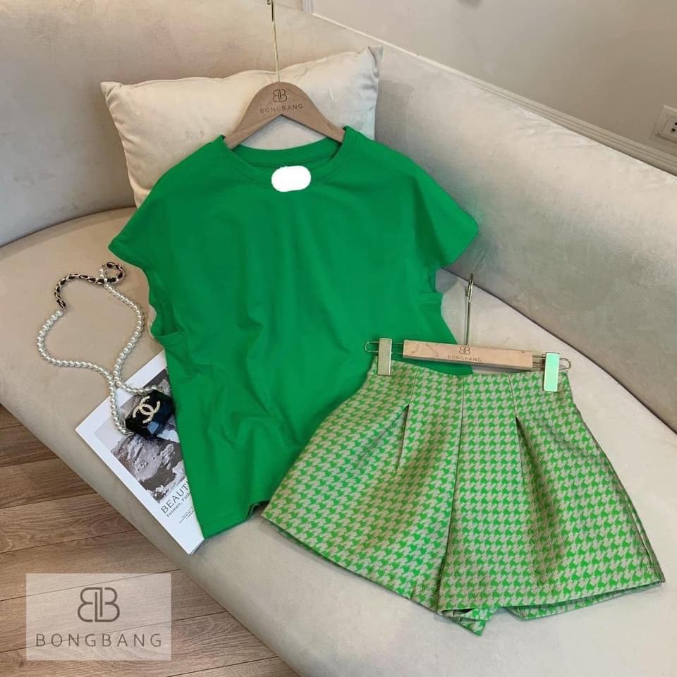Sét bộ nữ áo phông cotton cánh rơi màu xanh phối quần short (sooc tacta) họa tiết ziczac năng động trẻ trung - Hàng sẵn