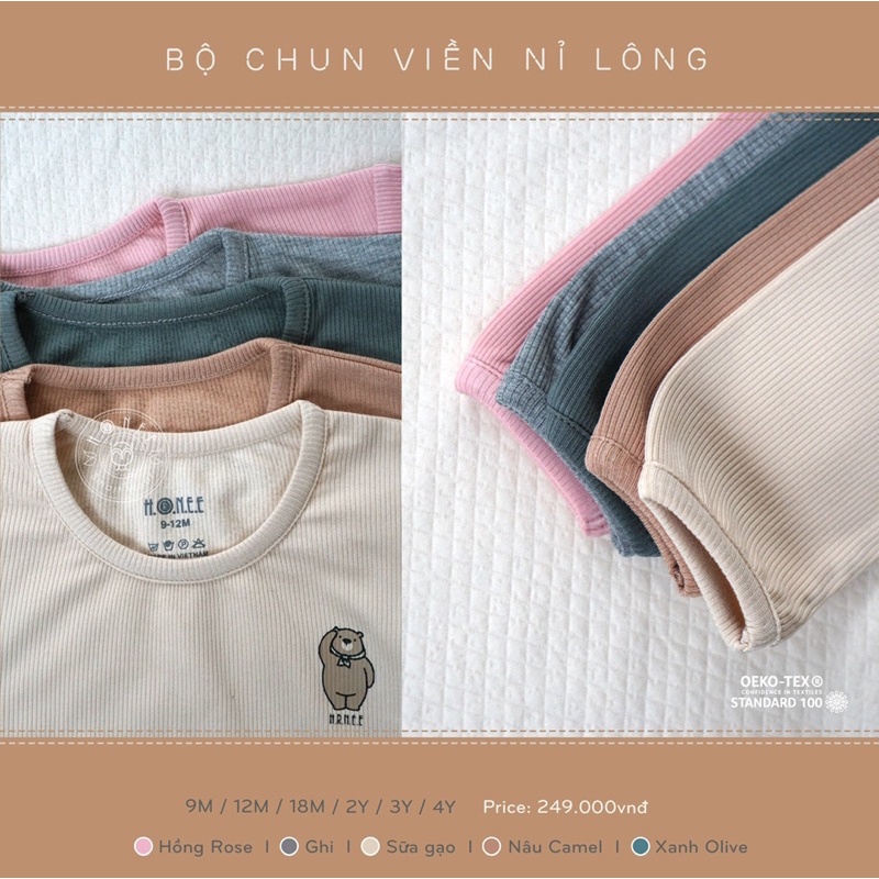 Bộ dài tay nỉ lông viền chun Hrnee ấm áp cho bé