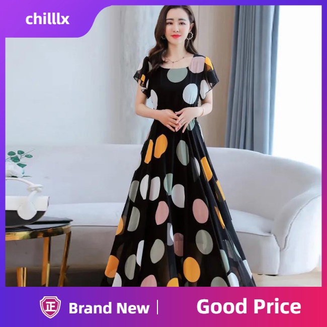 Đầm Chữ A Tay Loe Dài Cổ Tròn In Họa Tiết Chấm Bi Thời Trang Cho Nữ