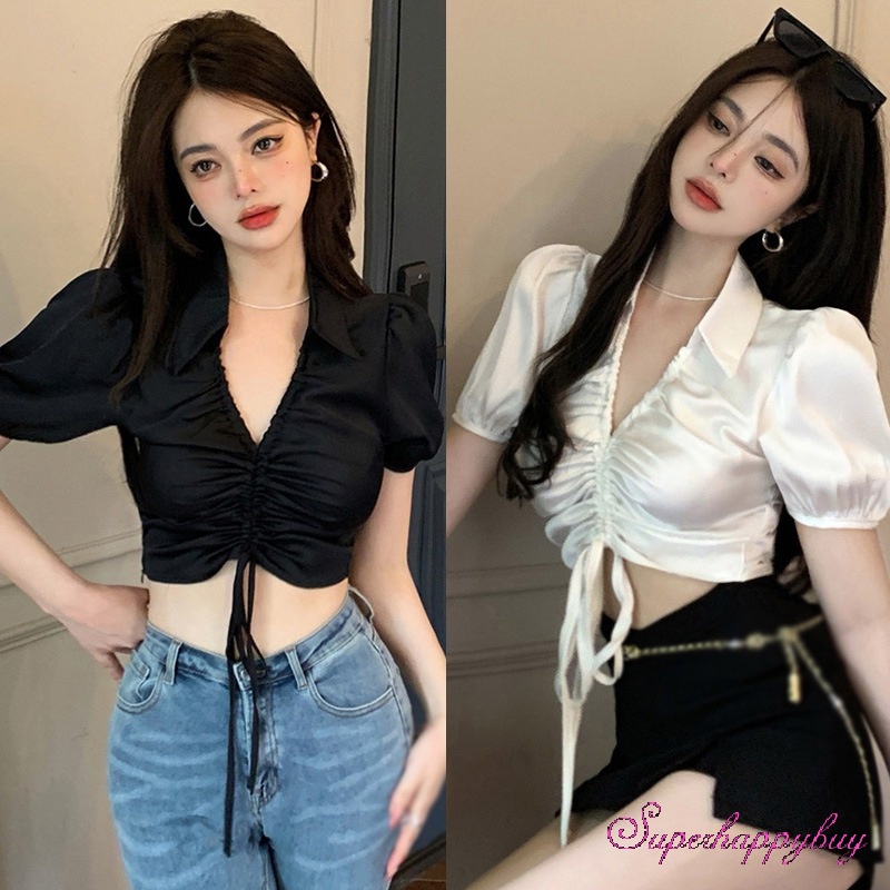 Áo Sơ Mi Tay Phồng Ngắn Cổ Bẻ Phối Dây Rút Thời Trang Cho Nữ