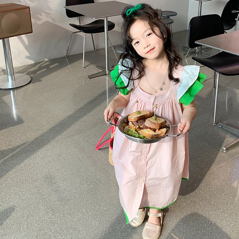 Đầm Công Chúa Tay Cánh Tiên Cổ Vuông Màu Trơn Thời Trang Mùa Hè Cho Bé Gái Se7en