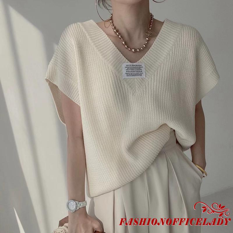 O-L Áo dệt kim sát nách cổ chữ V họa tiết chữ màu hồng/xám/đen/be cho nữ | BigBuy360 - bigbuy360.vn