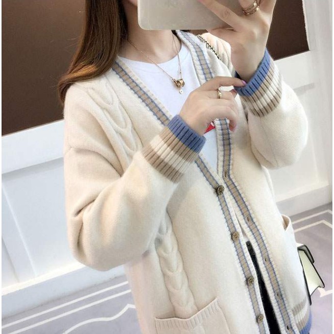 Áo Khoác Cardigan Cổ Chữ V Phối Túi Dáng Rộng Mặc Thoải Mái