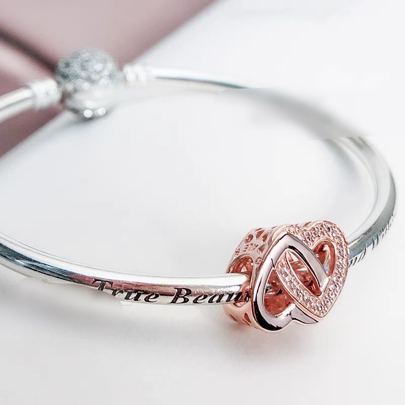 charm pan 2 trái tim vàng hồng đính đá bạc s925