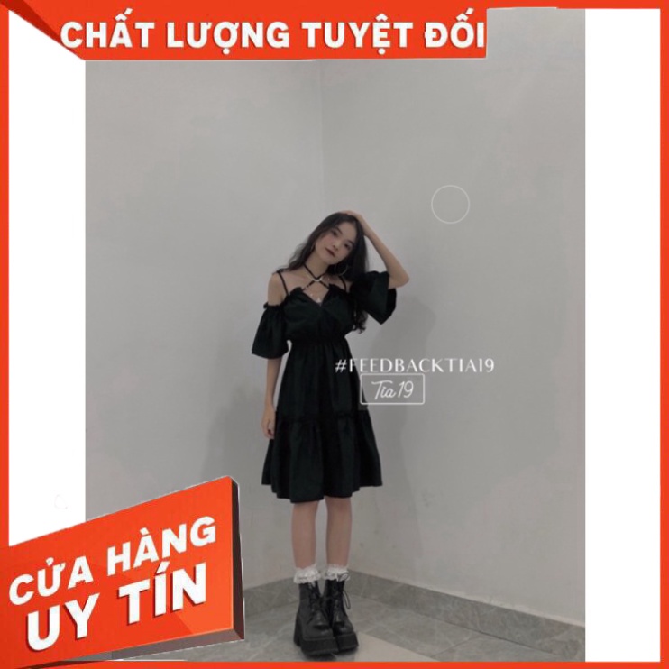 Váy hai dây đen tay trễ . Đầm hai dây trễ vai ulzzang ( Ảnh thật Tia19 chụp) - SIÊU HOT