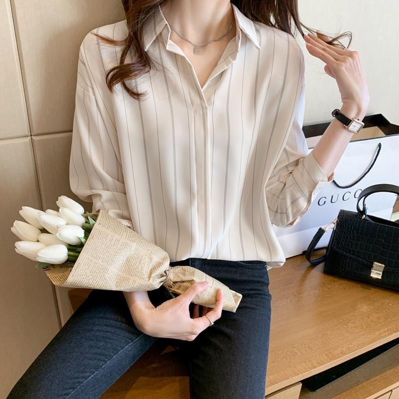 Áo Sơ Mi Chiffon Tay Dài Dáng Rộng Hoạ Tiết Kẻ Sọc Thời Trang Xuân Thu Dành Cho Nữ