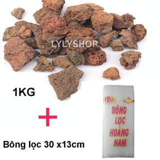 Combo ĐÁ NHAM THẠCH (1kg) + BÔNG LỌC vật liệu lọc, trang trí bể cá
