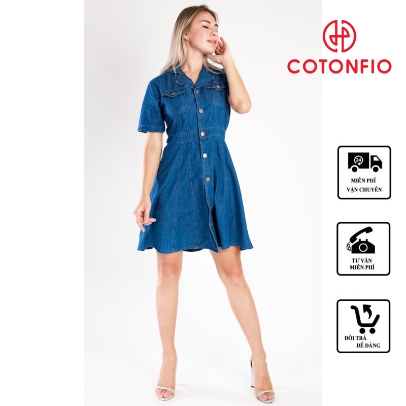 Áo đầm jeans nữ tay ngắn, cổ bẻ có hàng cúc nút khuy kín đáo lịch sự 8052 – Cotonfio