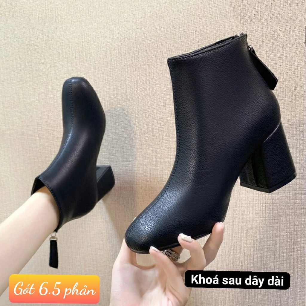 BỐT NỮ HÀN QUỐC Boot da gân giữa gót vuông khóa sau 2 màu Móc Tròn và Dây Dài