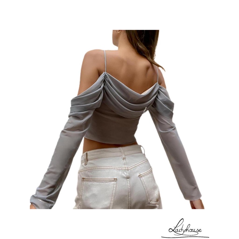 Áo Croptop Trễ Vai Tay Dài Màu Trơn Phối Lưới Thời Trang Cho Nữ
