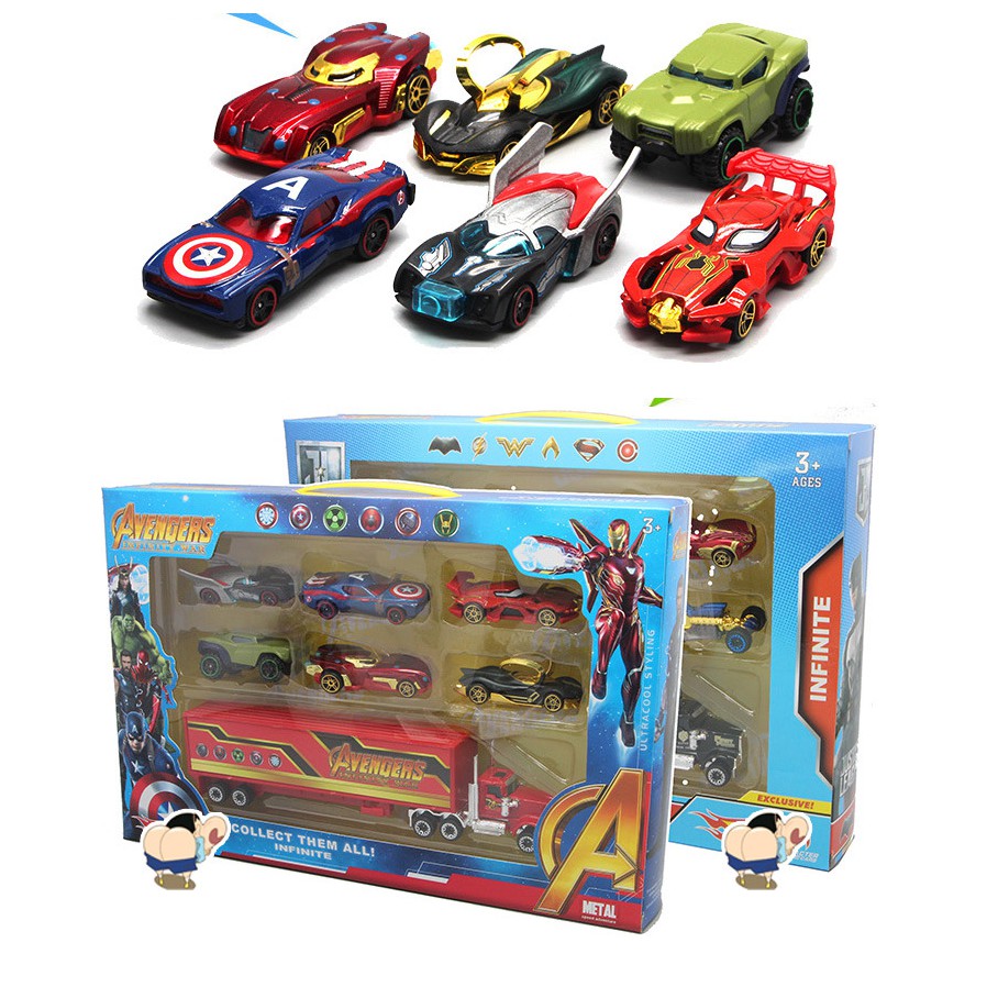 Bộ 6 ô tô siêu anh hùng và xe tải đồ chơi trẻ em xe bằng hợp kim và nhựa tỉ lệ 1:64