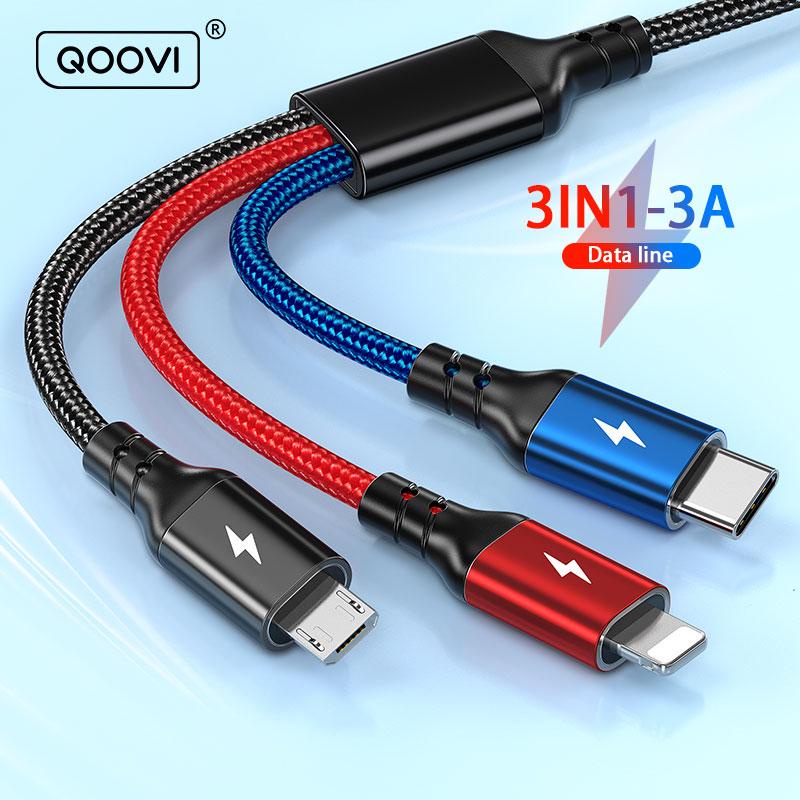 Dây cáp sạc nhanh USB Type C 3 trong 1 QOOVI thích hợp cho điện thoại iPhone Android