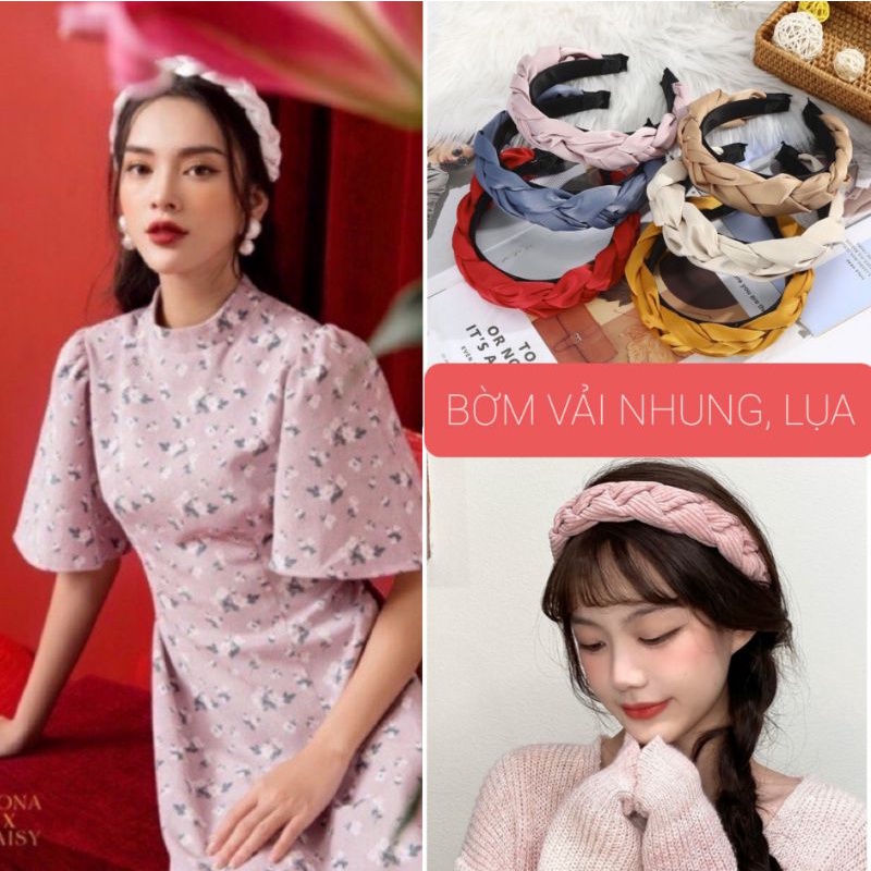 ✴◕□Bờm tóc tết vải nhung , lụa satin băng đô thắt bím đan bản to dịu dàng