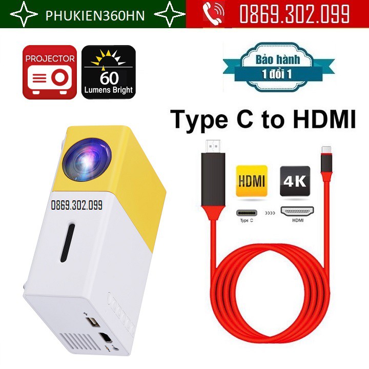 Máy chiếu Mini cho điện thoại YG-300 + Cáp HDMI 2K 4K Kết Nối Tivi Với Điện Thoai Qua Chân Type C