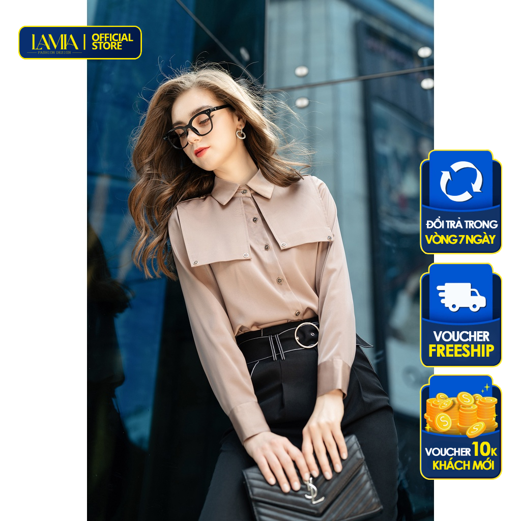 Áo sơ mi nữ Lamia Design LA313 màu nâu tím phối xếp tà đối xứng tinh tế