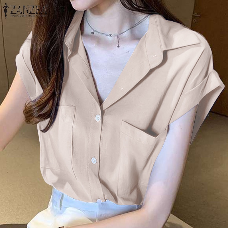 Áo sơ mi ZANZEA tay ngắn cổ bẻ màu trơn phong cách Hàn Quốc đơn giản dễ phối đồ dành cho nữ