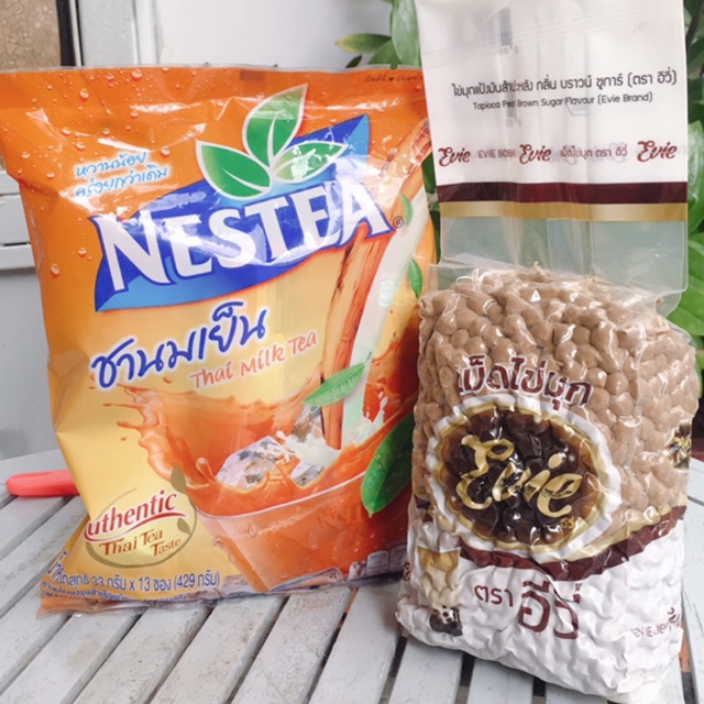 Combo trà sữa Nestea ( bịch 13 gói) và trân châu Evie vị caramel Thái Lan