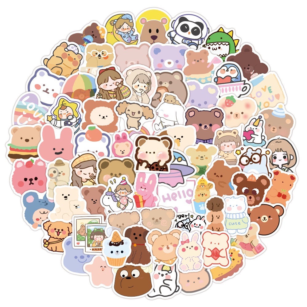 Set 100/50/25/10 Miếng Dán Chống Thấm Nước Họa Tiết Gấu Hoạt Hình Dùng Trang Trí Laptop/Vali/Laptop