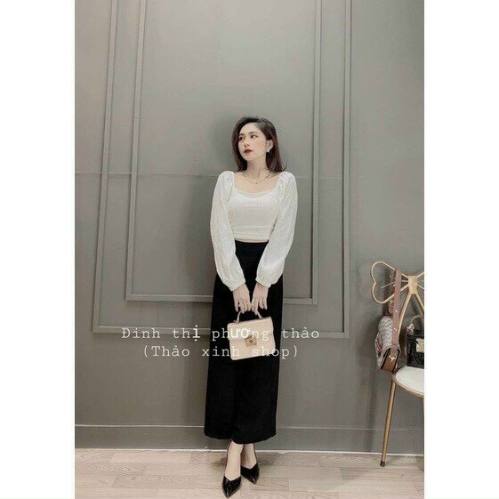(Sale FreeShip) Sét bộ nữ đi chơi,áo kiểu tay phồng sau đan dây cực xinh mix quần ống rộng,chất đẹp lên from xuất sắc