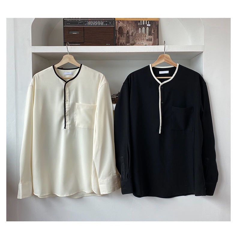 Sơ mi nam Hàn Quốc tay dài form rộng cổ tròn phối viền - Men's round neck shirt with border