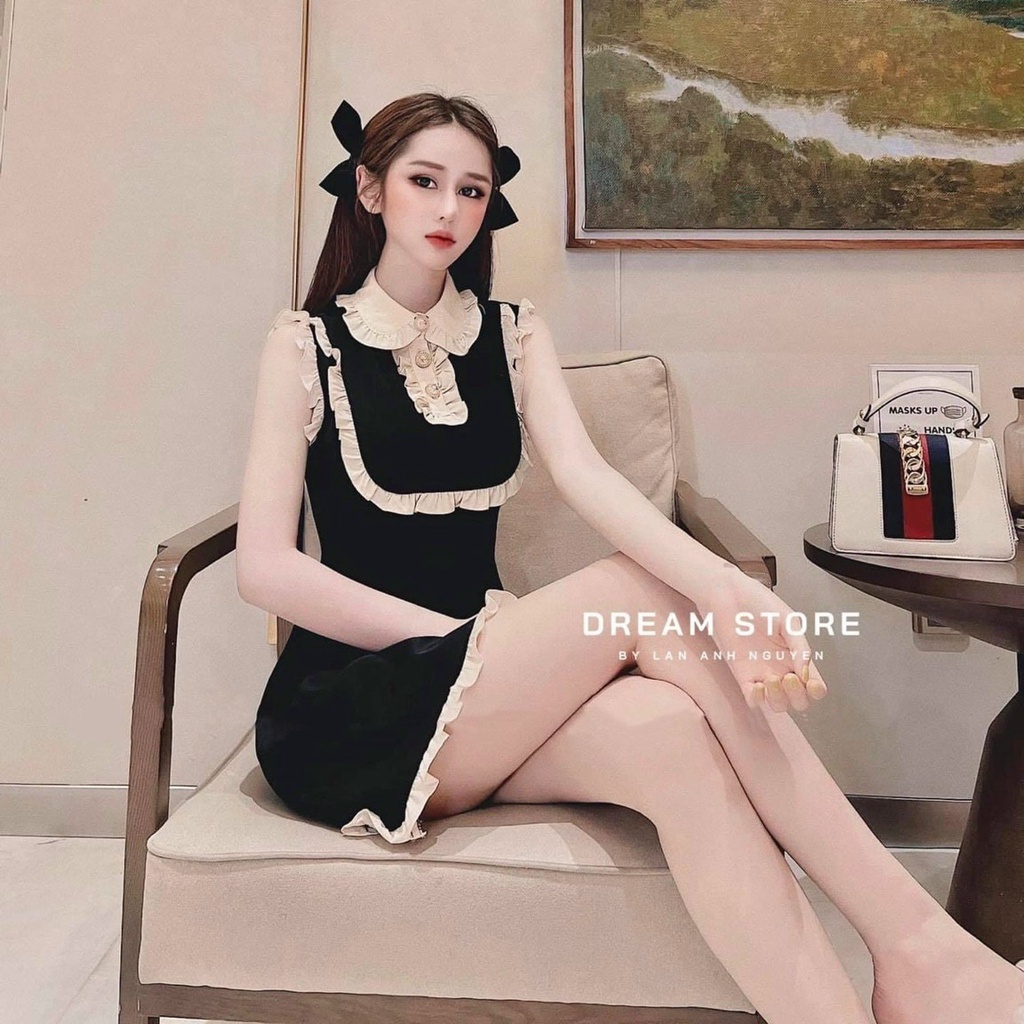 Đầm nữ body 3 lỗ ren cài nút cổ cao yếm xòe ren cực đẹp cho cô nàng năng động ba