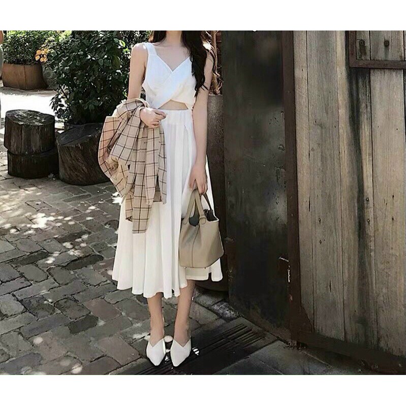 Đầm trắng lụa kiểu khoét trước phong cách tiểu thư nữ tính Chic Store