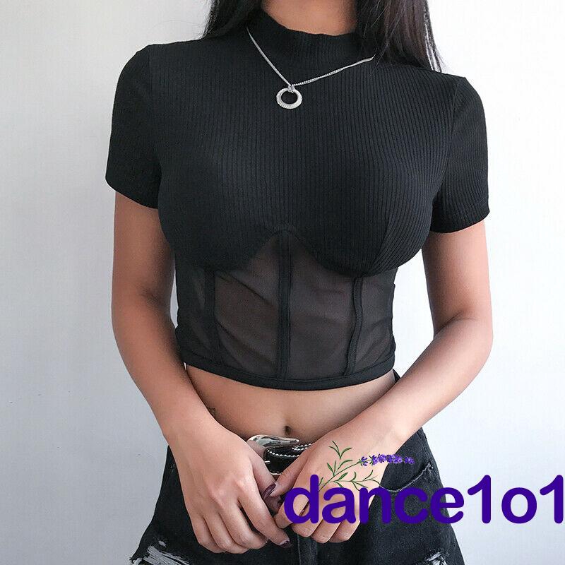 Áo thun nữ tay ngắn phối lưới gợi cảm