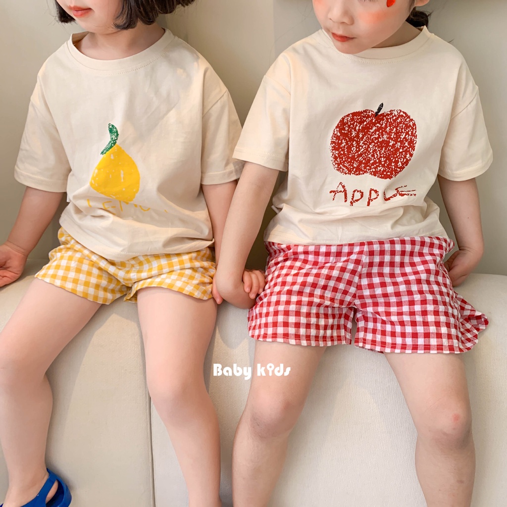 Set Áo Thun Tay Ngắn In Hình Trái Cây & Quần Short Caro Cho Bé Trai & Gái Sơ Sinh