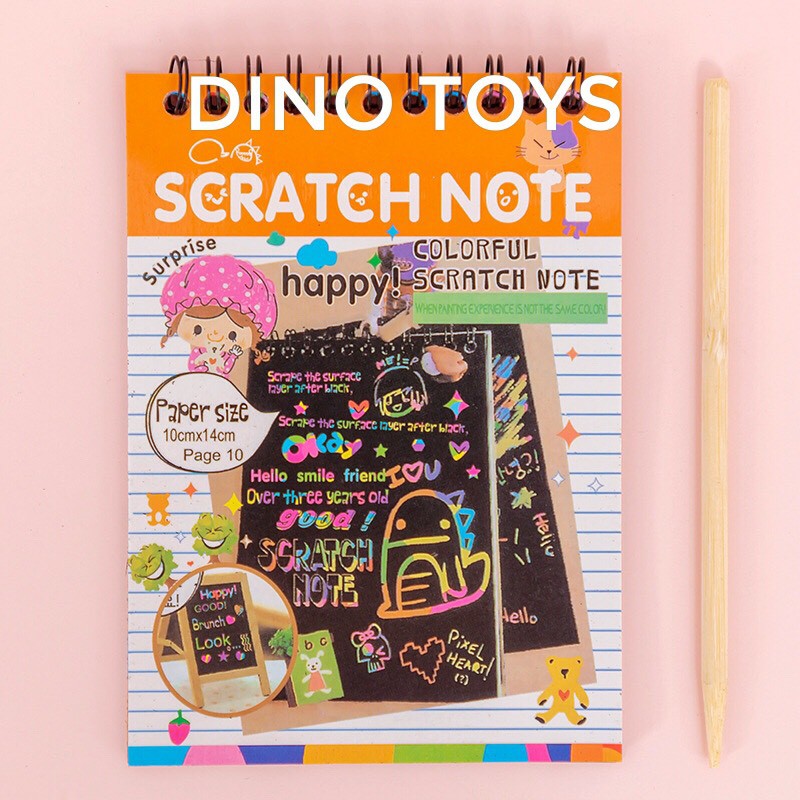 Đồ chơi trẻ em sổ vẽ ma thuật scratch note 10 tờ SIZE 14.5x10 cm, tạo nét vẽ nhiều màu trên nền giấy đen bằng bút tre