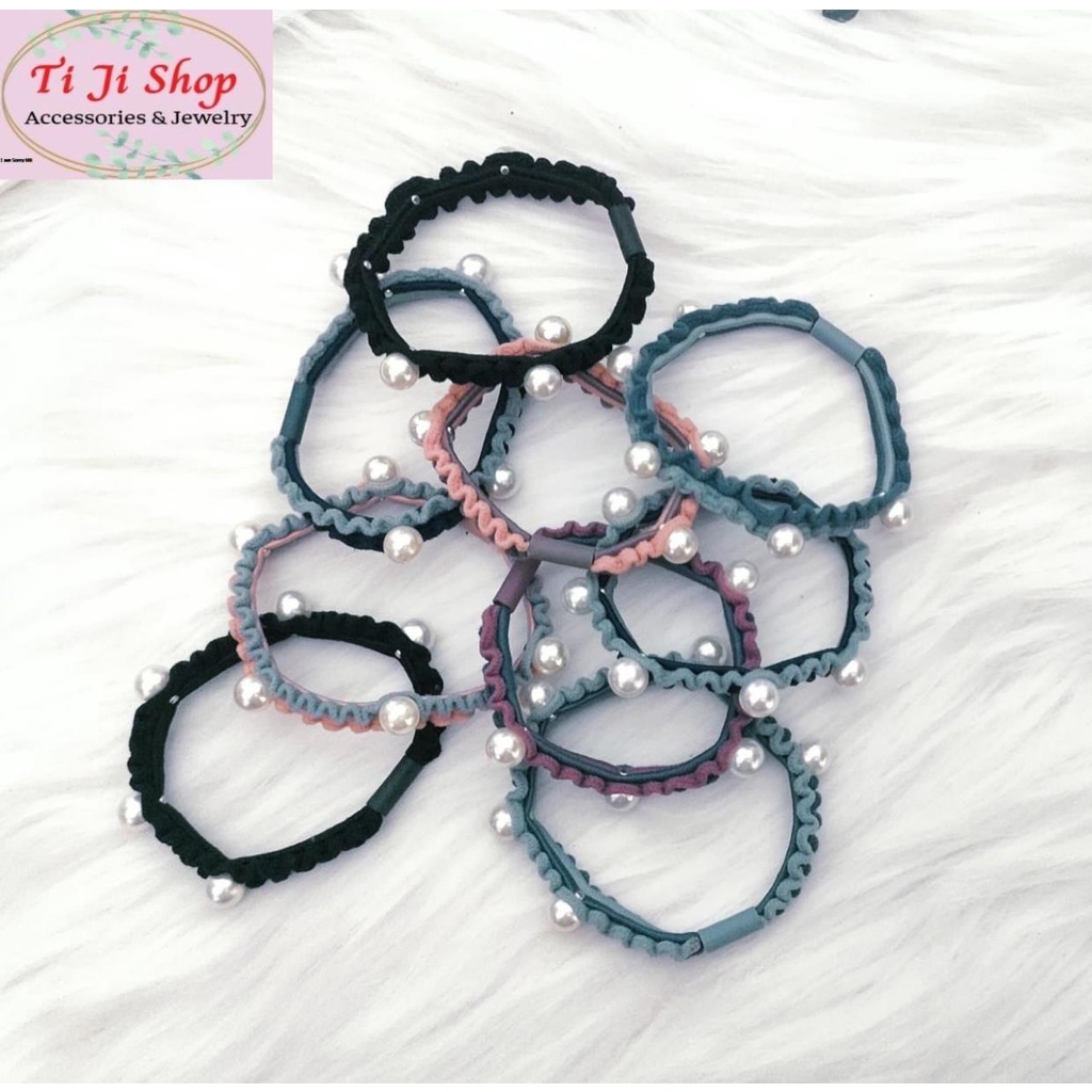 Dây Cột Tóc Thun Xếp Ly Đính Ngọc Trai Nhân Tạo Nhiều Màu Phong Cách Hàn Quốc Cho Nữ