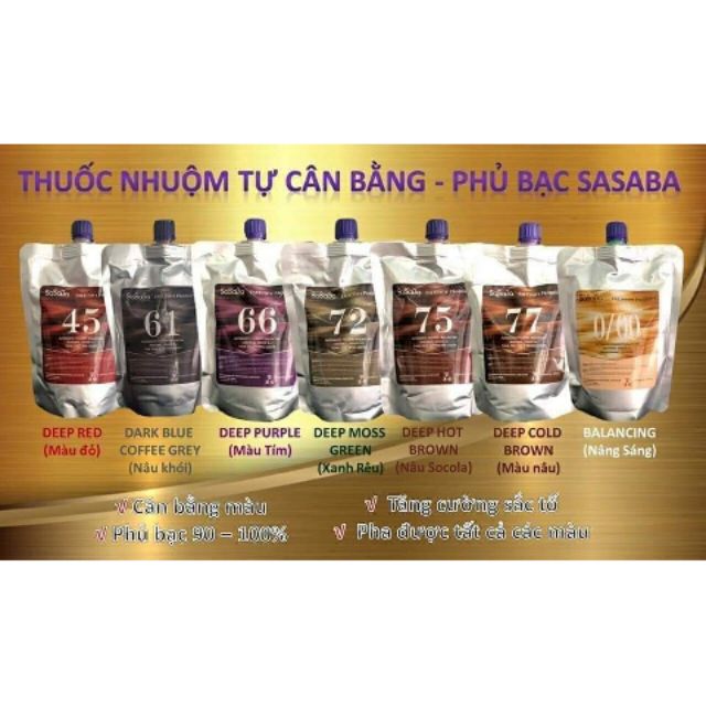 THUỐC NHUỘM PHỦ BẠC SASABA TỰ CÂN BẰNG NHIỀU KHÚC MÀU TÚI 450ML