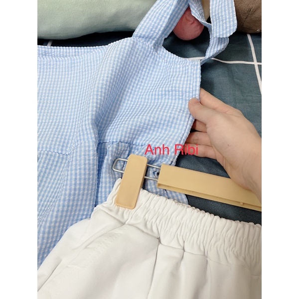 Set Style Hàn Quốc-Set Áo Babydoll Hai Dây Thắt Nơ Kẻ Xanh Và Quần Short Trắng Cực Xinh